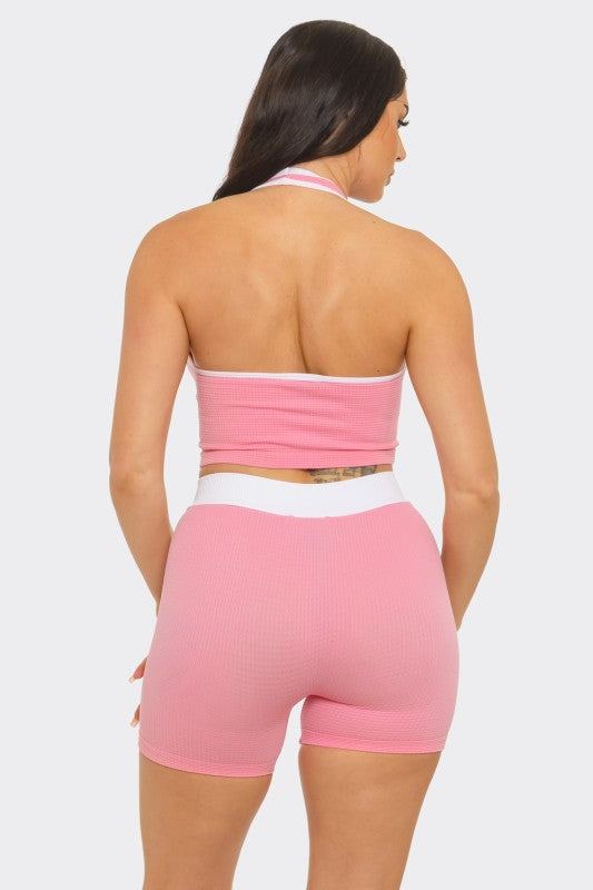 Seamless front crossed spaghetti tie halter set