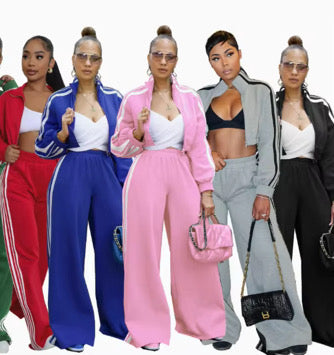 Women's side striped stand up collar sports shirt long pants set