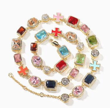 Square cross colorful necklace & bracelet set