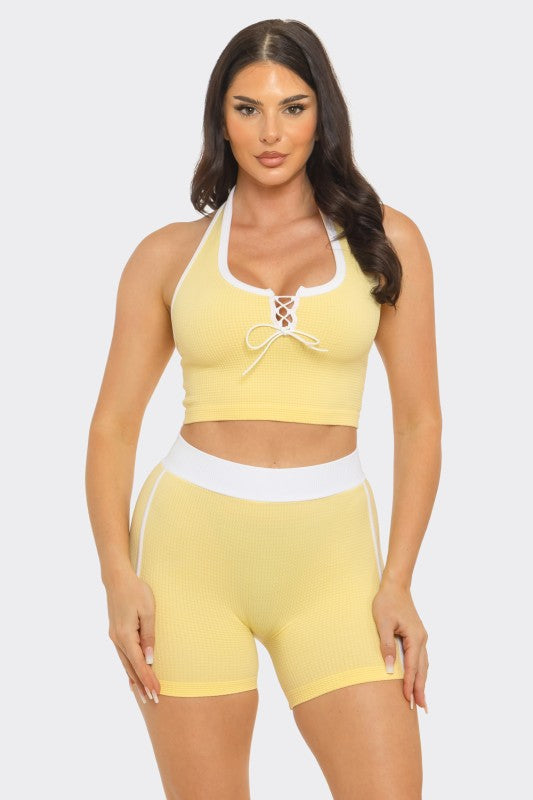Seamless front crossed spaghetti tie halter set