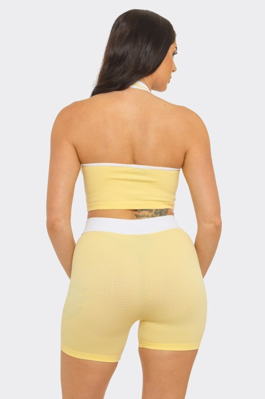 Seamless front crossed spaghetti tie halter set