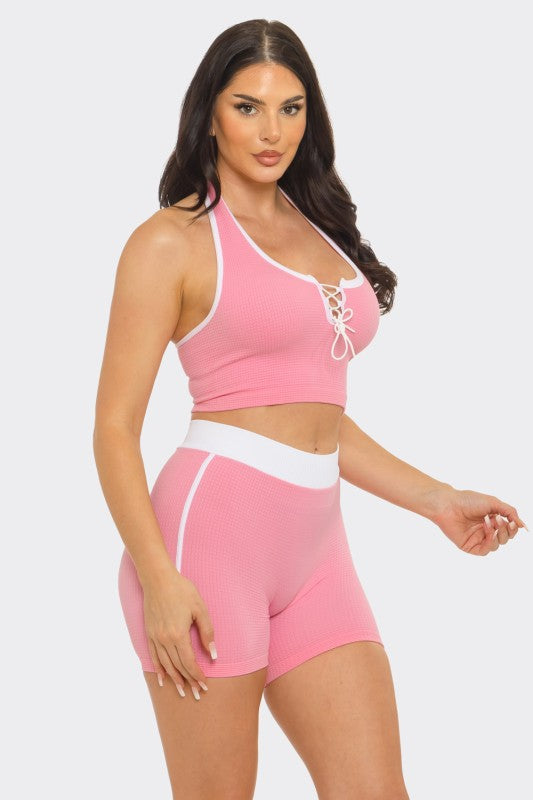 Seamless front crossed spaghetti tie halter set