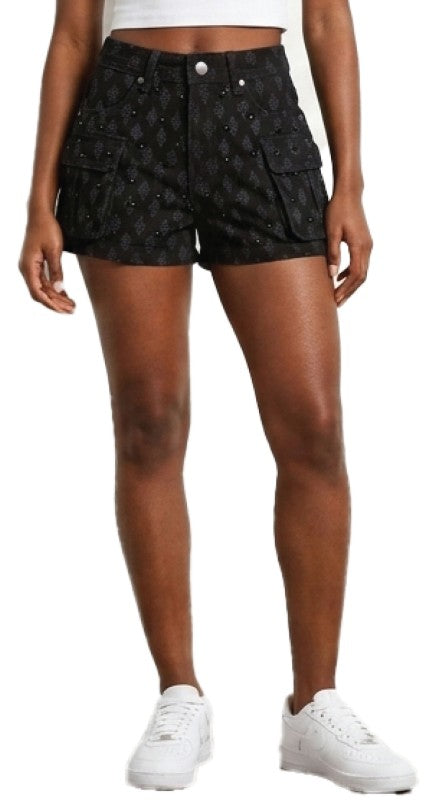 High waist rhinestone cargo denim shorts