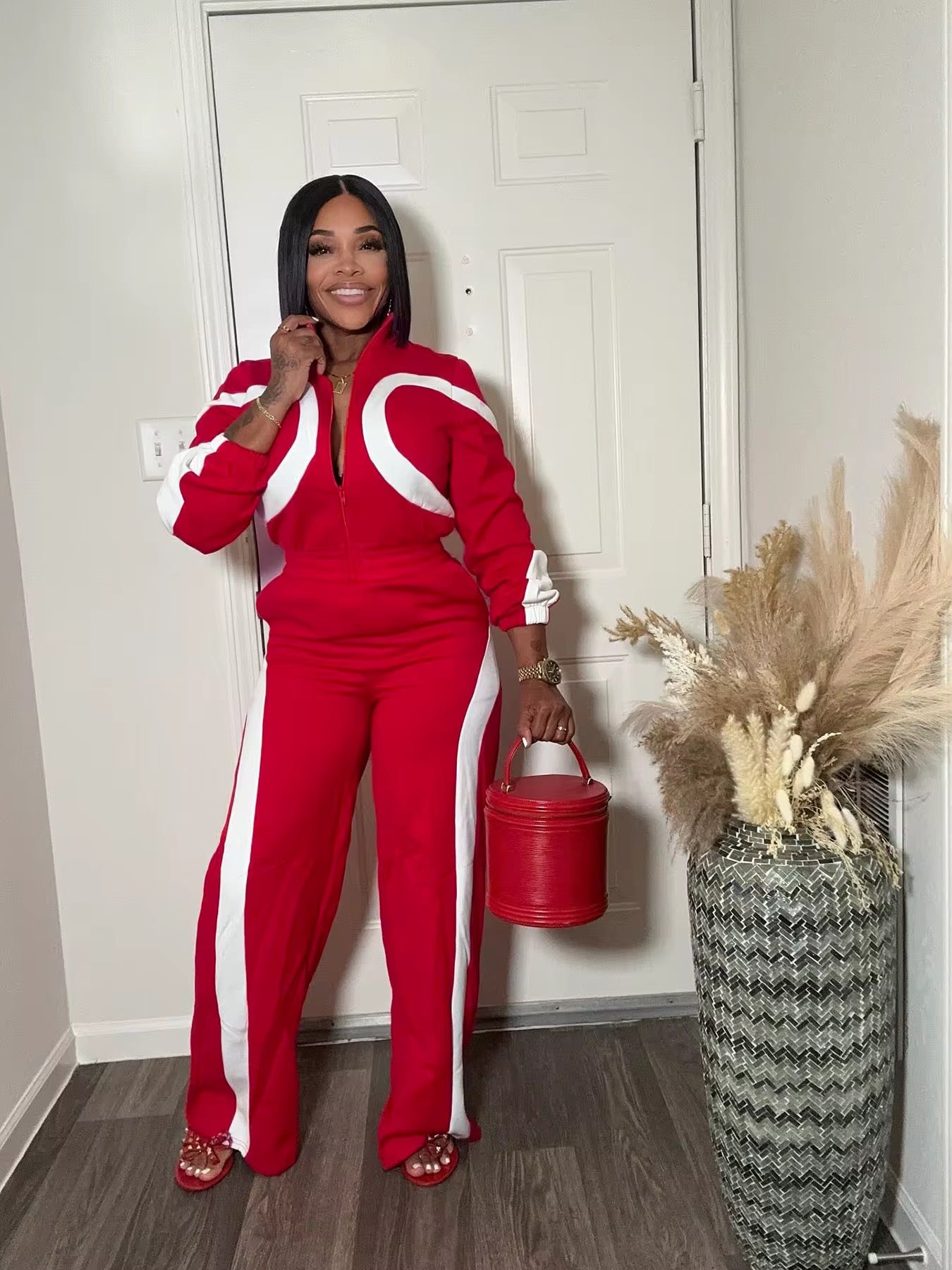 Long Sleeve Wide Leg Romper Striped Fall Yoga Outfit with Zipper