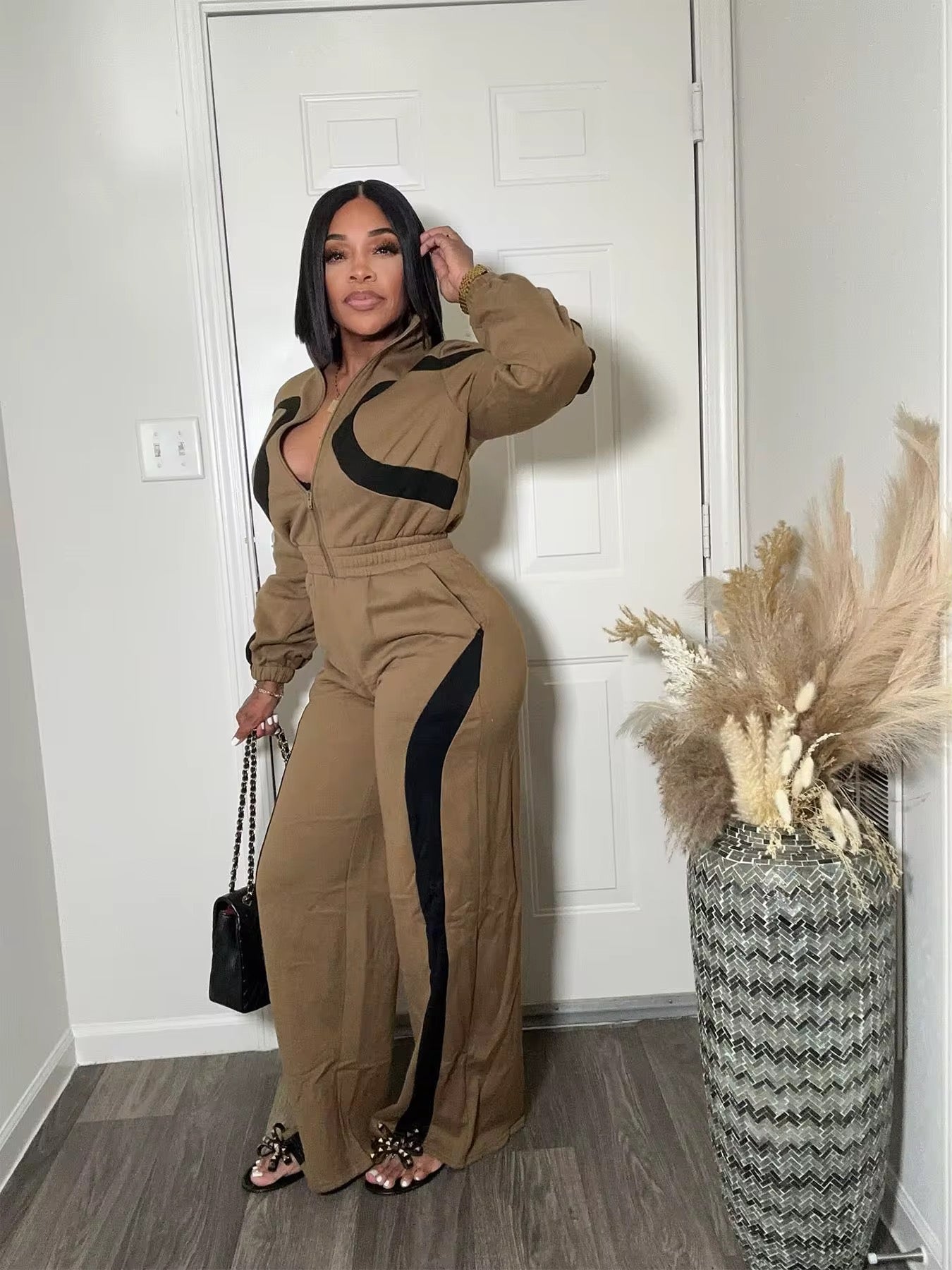 Long Sleeve Wide Leg Romper Striped Fall Yoga Outfit with Zipper