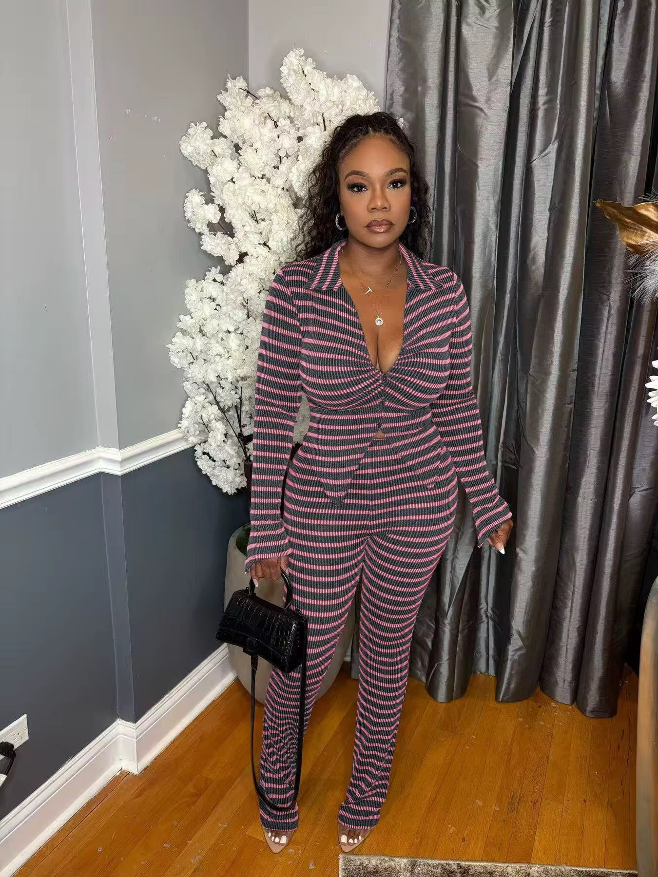 2 pc pants set with long sleeve crop top cardigan