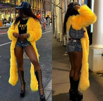 Dawery Solid Faux Fur Long Coats Women Full Sleeve Open Stitch Fur Jackets Yellow Winter Warm Streetwear