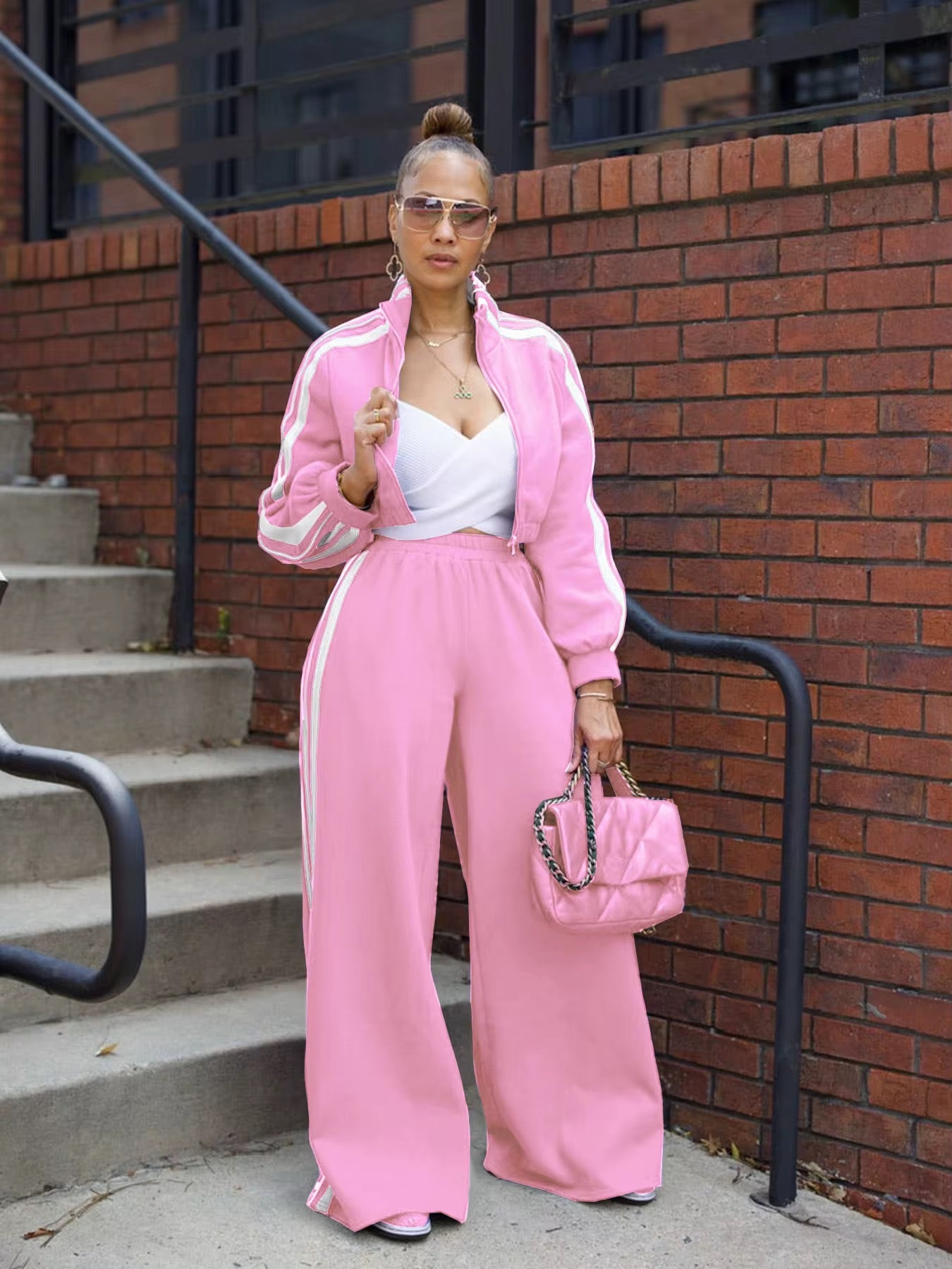 Women's side striped stand up collar sports shirt long pants set