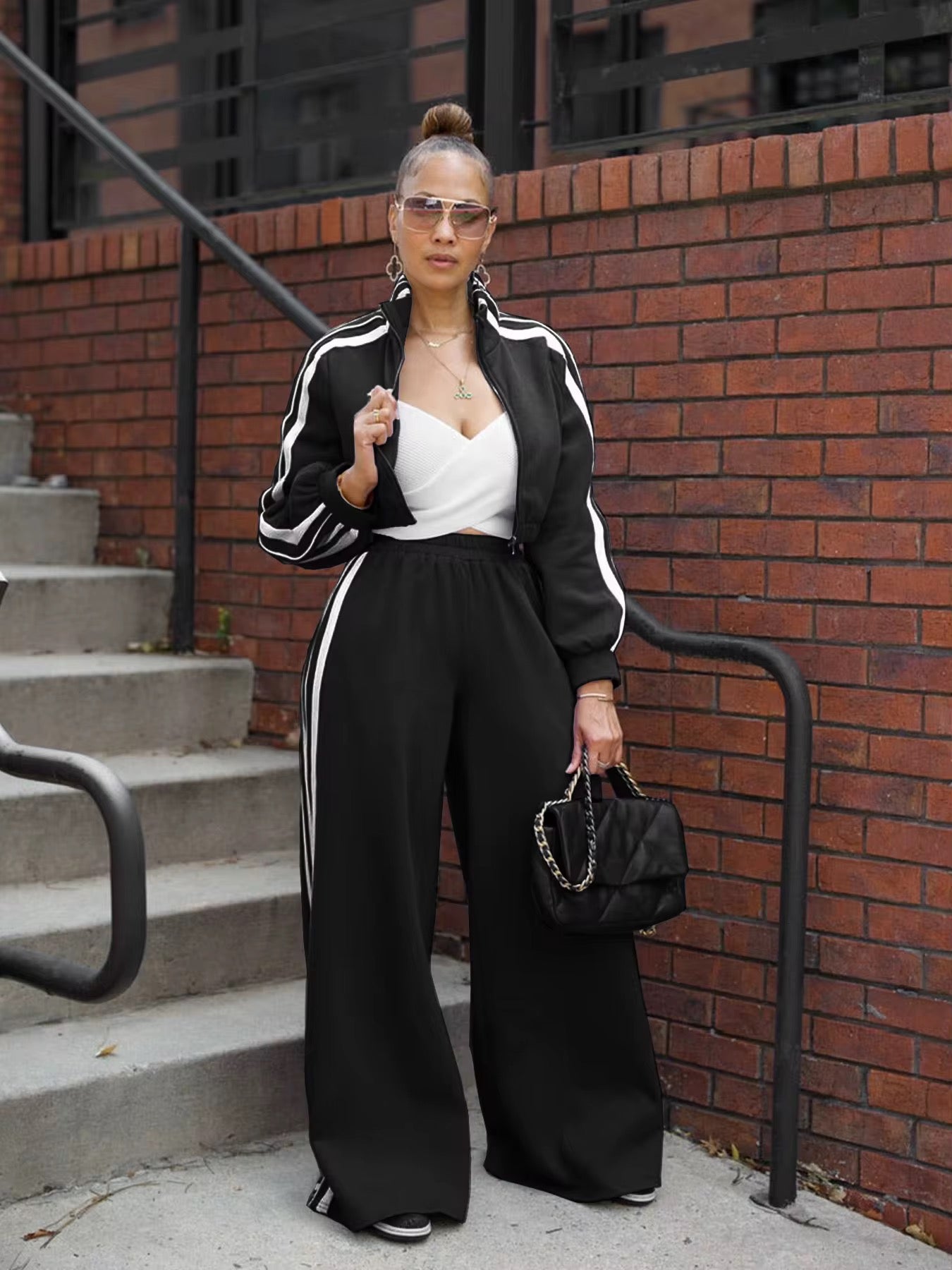 Women's side striped stand up collar sports shirt long pants set