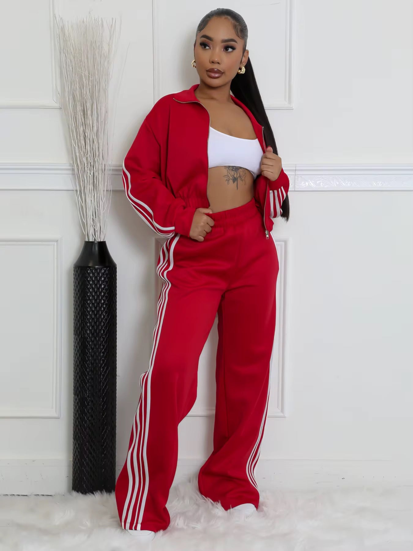 Women's side striped stand up collar sports shirt long pants set