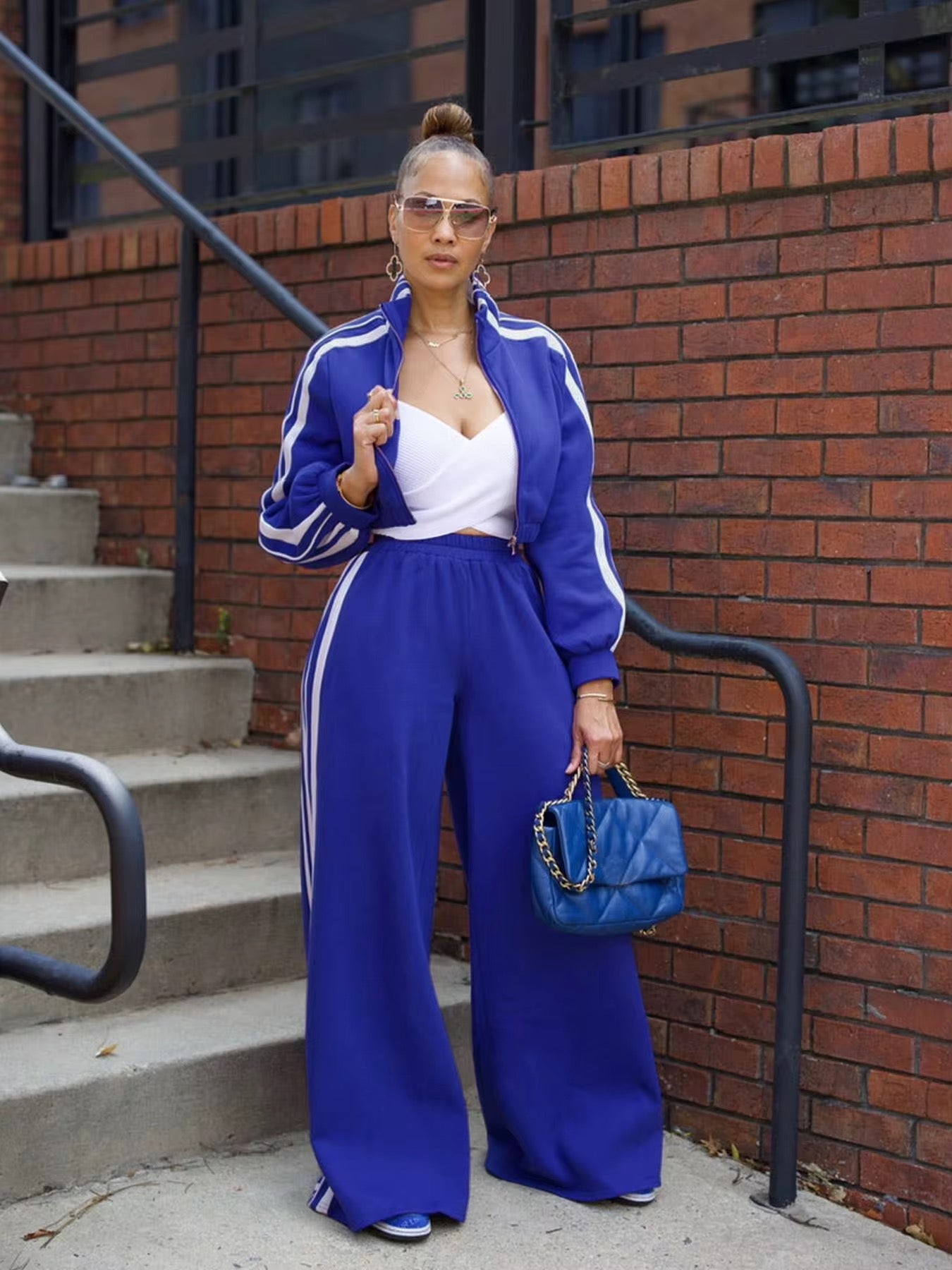 Women's side striped stand up collar sports shirt long pants set