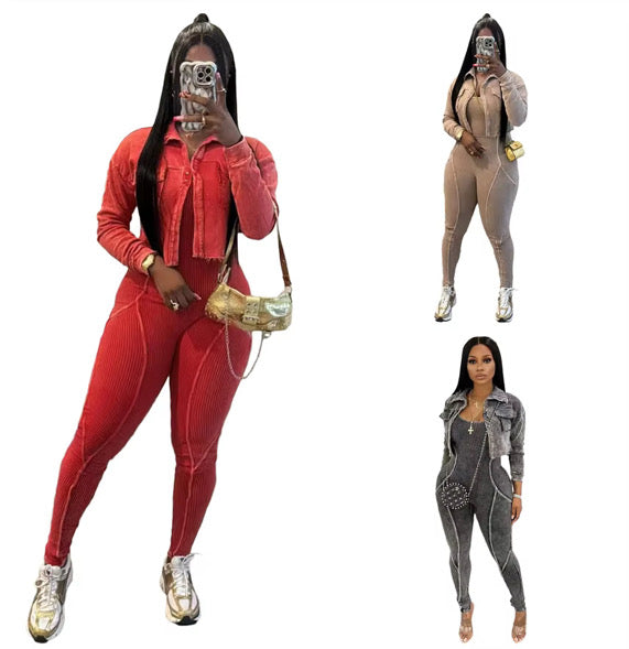 Bodycon 2 Piece Sets for Women,Long Sleeve Cropped Jackets & Ribbed Jumpsuit
